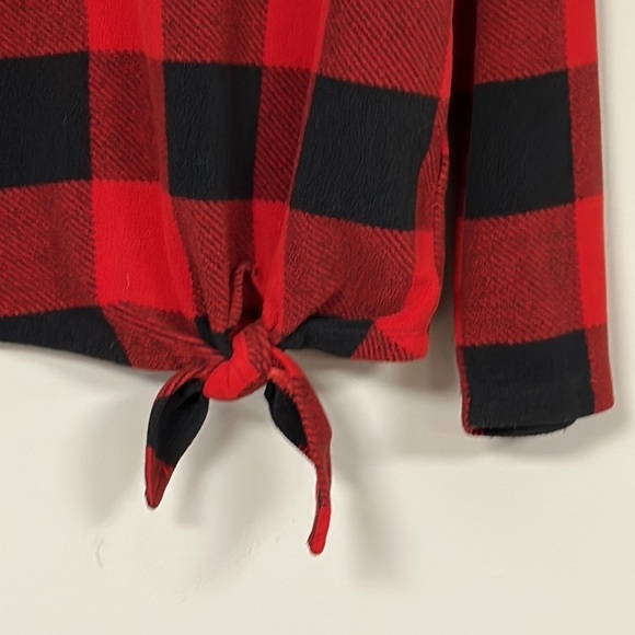 Old Navy red & black plaid pullover with tie at hem, mock turtleneck, L 10/12 - Picture 4 of 7